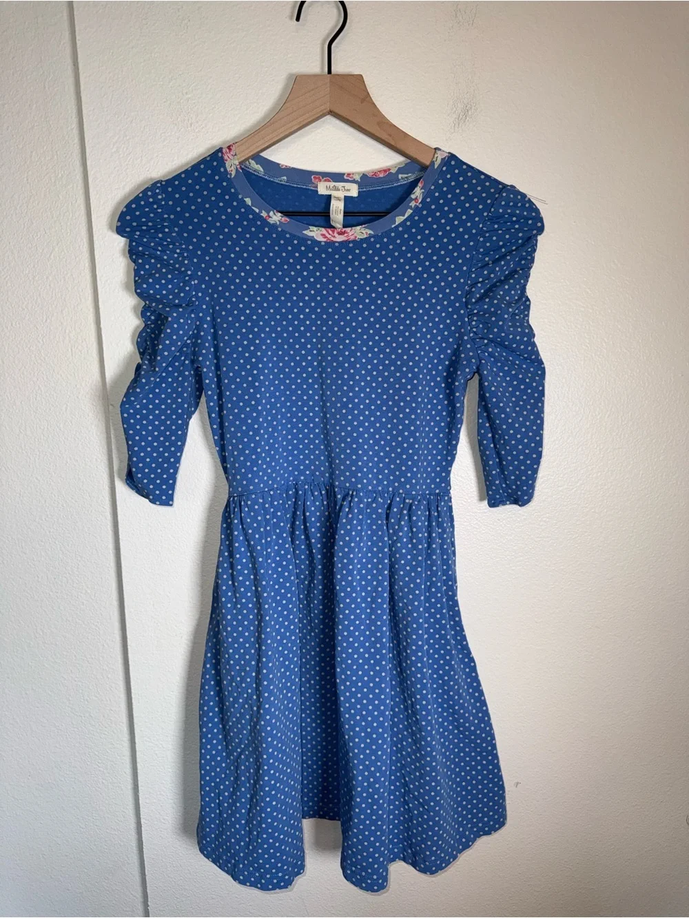MATILDA JANE Girls Light Blue Polka Dot Dress with Pink Floral Trim 12